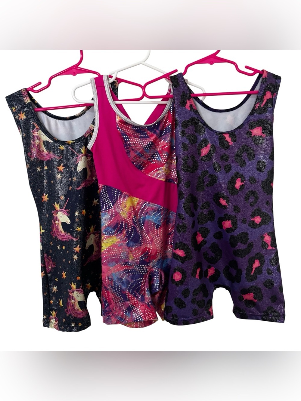 Bundle of 3 girls Pink, purple cheetah unicorn print gymnastics dance leotard